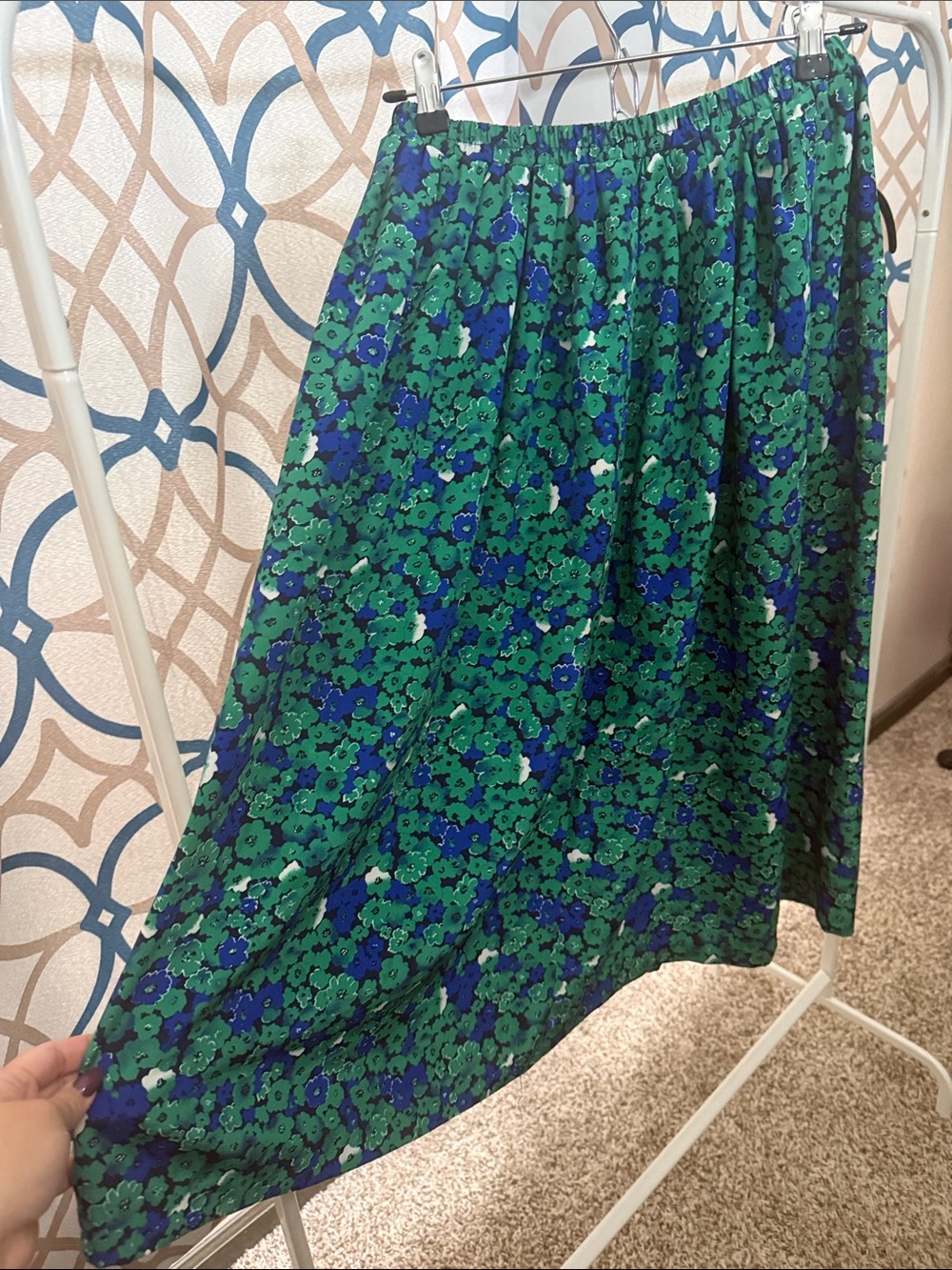 Vintage A line skirt blue & green flowers elastic waist